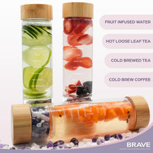 Load image into Gallery viewer, The Brave Soul Crystal Water Bottle, Slim Crystal Water Bottle Tea Infuser, Double Wall Glass for Hot and Cold Drinks. Slim Crystal Water Bottles with Crystals Inside. Eco-friendly & Relaxing Gifts