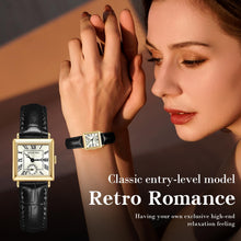 Load image into Gallery viewer, FFKJDM Women's top Layer Cowhide Strap Watch Exquisite and Elegant Women Classic Retro Square Women's Quartz Watch Gift for her (glod, Black)