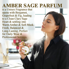 Load image into Gallery viewer, AHUJA Amber Sage – 3.4 oz Parfum | Unisex Fresh Aromatic Scent | 30% Long Lasting Oil | Bergamot, Grapefruit, Fig, Clary Sage, Amber, Musk | Luxury White Gold Gift Box | “Not All Storms Are Loud”