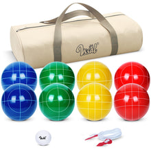 Load image into Gallery viewer, 100mm Bocce Ball Set Regulation Size and Weight with 8 Resin Bochie Balls, Pallino, Carrying Bag, Measuring Rope, Gift for Family Backyard Lawn Yard Beach Bocci Games (Multi Colors, 2-8 Players)