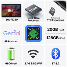 Load image into Gallery viewer, SHARECLOUD Android 16 Tablet 10.1 inch Tablet with Octa-Core Processor, 20GB RAM 128GB ROM 1 TB Expandable, 1280x800 HD IPS Touch Screen, GPS, 8H Battery, WiFi 6, BT 5.2, Dual Camera (Gray)
