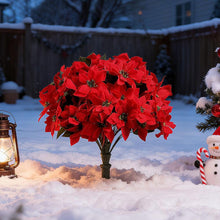 Load image into Gallery viewer, 2PCS Artificial Poinsettia Flower Topiary Trees with Lights,Christmas Topiary Balls Trees with Ground Spike,Pre-Lit Christmas Tree Urn Filler,UV Resistant Faux Poinsettias Bush for Porch,Yard Decor