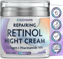 Load image into Gallery viewer, EVERYOUTH Night Cream Face Moisturizer with Retinol, Collagen, Niacinamide 10%, Anti Wrinkle Face Cream, Made in USA, Retinol Cream for Face, Anti Aging Face Cream, Face Moisturizer for Women, 1.7oz
