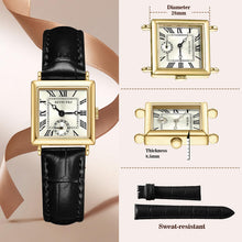 Load image into Gallery viewer, FFKJDM Women's top Layer Cowhide Strap Watch Exquisite and Elegant Women Classic Retro Square Women's Quartz Watch Gift for her (glod, Black)