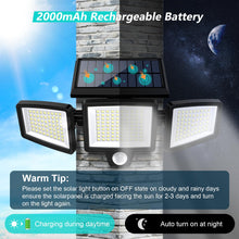 Load image into Gallery viewer, Tuffenough Solar Outdoor Lights 2500LM 210 LED Security Lights with Remote Control,3 Heads Motion Sensor Lights, IP65 Waterproof,270° Wide Angle Flood Wall Lights with 3 Modes(2 Packs)