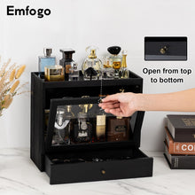 Load image into Gallery viewer, Emfogo Cologne Organizer for Men, Solid Wood Perfumes Organizer for Men Dresser, Large Capacity Dustproof Cologne Holder with Drawer Storage Perfume Stand Organizer, Gift for Men (Black)