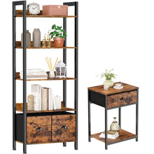 Load image into Gallery viewer, Furologee 5-Tier Bookshelf, End Table with Storage Shelf and Fabric Drawer,Industrial Display Standing Shelf Units, Wood and Metal Storage Shelf for Living Room, Bedroom, Home Office, Rustic Brown
