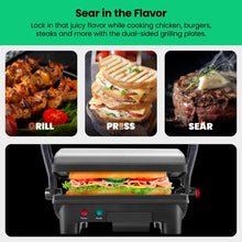 Load image into Gallery viewer, Chefman Electric Panini Press Grill, Compact 2-Slice Sandwich Maker, Non-Stick Coated Plates, Opens 180 Degrees, Dishwasher Safe, Removable Drip Tray, Stainless Steel/Black