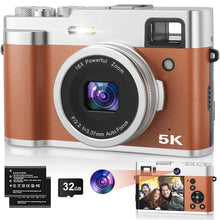 Load image into Gallery viewer, 5K Digital Camera for Photography and Video, 48MP Dual Camera Autofocus Vlogging Camera for YouTube with Viewfinder,16X Digital Zoom, Anti Shake, Compact Travel Camera with 32GB SD Card 2 Batteries