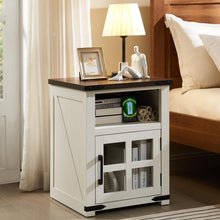 Load image into Gallery viewer, Barnyatoh Farmhouse Nightstand with Charging Station, Rustic End Table with Tempered Glass Barn Door, Wood Sofa Side Bedside Table with Open Storage Shelf for Living Room, Bedroom, White