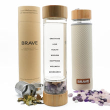 Load image into Gallery viewer, The Brave Soul Crystal Water Bottle, Slim Crystal Water Bottle Tea Infuser, Double Wall Glass for Hot and Cold Drinks. Slim Crystal Water Bottles with Crystals Inside. Eco-friendly & Relaxing Gifts