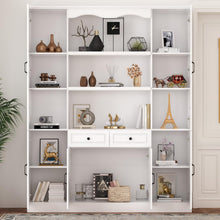 Load image into Gallery viewer, Homsee Tall Bookcase Bookshelf with Shelves, Drawers & 2 Carved Glass Doors, Wooden Display Storage Cabinet with 14 Compartments for Home Office, Living Room, White (63" W x 15.7”D x 78.7”H)