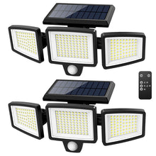 Load image into Gallery viewer, Tuffenough Solar Outdoor Lights 2500LM 210 LED Security Lights with Remote Control,3 Heads Motion Sensor Lights, IP65 Waterproof,270° Wide Angle Flood Wall Lights with 3 Modes(2 Packs)