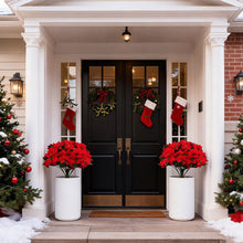 Load image into Gallery viewer, 2PCS Artificial Poinsettia Flower Topiary Trees with Lights,Christmas Topiary Balls Trees with Ground Spike,Pre-Lit Christmas Tree Urn Filler,UV Resistant Faux Poinsettias Bush for Porch,Yard Decor