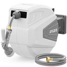 Load image into Gallery viewer, Ayleid Retractable Garden Hose Reel,1/2 in x 100 ft Wall Mounted Hose Reel, with 9- Function Sprayer Nozzle, Any Length Lock/Slow Return System/Wall Mounted/180°Swivel Bracket (Gray)