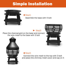 Load image into Gallery viewer, Giantex Wood Burning Chiminea, Heavy Duty Fireplace Chimenea Wooden Fire Pit with 2-Piece Log Grate, Premium Rain Cap & Fire Poker, 360°Fire Retardant Mesh Cover, Ideal for Garden, Patio, Backyard