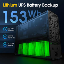 Load image into Gallery viewer, GOLDENMATE 1000VA/600W Lithium UPS Battery Backup and Surge Protector, Backup Battery Power Supply with LiFePO4 Batteries(153.6 Wh), Sinewave UPS System, 10 Years Lifespan, 8-Outlets, LCD Display