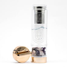 Load image into Gallery viewer, Doyzee Complete Crystal Water Bottle Three Interchangeable Healing Crystals – Rose Quartz, Amethyst, Clear Quartz – Tea Infuser Loose Leaf Tea Bottle – Gem Elixir Infused Glass Water Bottle