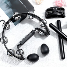 Load image into Gallery viewer, Yeshone 6 Pcs Tambourines for Adults, Hand Held Half Moon Tambourine Foot Tambourine with Bells Wood Rhythm Sticks Egg Shakers Musical Hand Percussion Instrument Set for Party Music Supplies (Black)