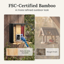 Load image into Gallery viewer, Birdfy Smart Bird Feeder with Camera, Solar Powered, 2K Live Stream, Bamboo Bird Feeder with Metal Guard, AI Bird Identification, Auto-Recorded Videos, Gift for Bird Lovers