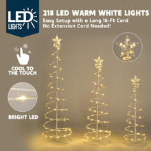 Load image into Gallery viewer, JOIEDOMI 3 Pack Spiral Christmas Tree Lights, 218 LED Outdoor Lighted Tree with Star Topper & Stakes, Christmas Decorations for Yard Porch Patio Garden Holiday Xmas Eve Night Décor, Warm White