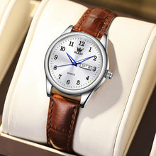 Load image into Gallery viewer, OLEVS Classic Leather Watches for Women, Business Dress Arabic Numerals Ladies Watches, Day Date Waterproof Analog Quartz Womens Wrist Watches Brown Leather Strap White Face Relojes para Mujer