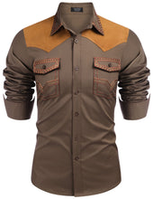 Load image into Gallery viewer, COOFANDY Mens Shirt Western Cowboy Embroidered Long Sleeve Slim Fit Casual Cotton Button Down Hippie with Pockets, Khaki, Large, Long Sleeve