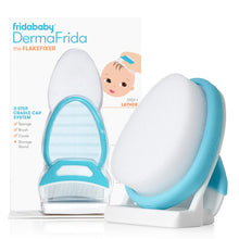 Load image into Gallery viewer, Frida Baby The 3-Step Cradle Cap System, DermaFrida The FlakeFixer, Sponge, Brush, Comb and Storage Stand for Babies with Cradle Cap, White-Blue