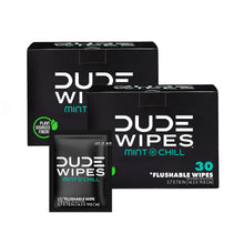 Load image into Gallery viewer, DUDE Wipes - On-The-Go Flushable Wipes - 2 Pack, 60 Wipes - Mint Chill Extra-Large Individually Wrapped Adult Wet Wipes with Eucalyptus & Tea Tree Oil - Septic and Sewer Safe