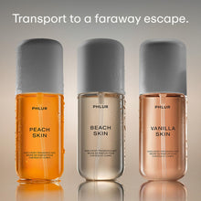 Load image into Gallery viewer, PHLUR Paradise Skin Set ($75 Value) - Travel Size Body Mist Gift Set - Peach Skin, Vanilla Skin, & Beach Skin - Travel Size Hair and Body Fragrance Mist Trio (3 x 3 fl oz)
