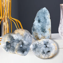 Load image into Gallery viewer, MOGEMT Large Blue Celestite Crystal Geode Raw Natural Healing Crystal Cluster Large Irregular Celestine Stone Home Decor 1.5-2.0 Lbs