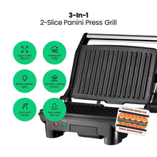 Load image into Gallery viewer, Chefman Electric Panini Press Grill, Compact 2-Slice Sandwich Maker, Non-Stick Coated Plates, Opens 180 Degrees, Dishwasher Safe, Removable Drip Tray, Stainless Steel/Black