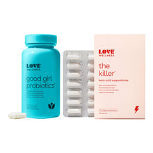 Load image into Gallery viewer, Love Wellness Good Girl Probiotics & The Killer | Vaginal pH Balance Supplement & Boric Acid Suppositories for Women | Odor Control with Prebiotics for Urinary Tract & Intimate Feminine Health