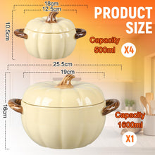 Load image into Gallery viewer, Maxdot Set of 5 Ceramic Pumpkin Bowls with Lid and Handles Pumpkin Shape Soup Serving Pot Storage Jar for Fall Thanksgiving Halloween Party Kitchen Dessert Decoration 17Oz & 54Oz(Cream Yellow)