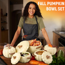 Load image into Gallery viewer, Maxdot Set of 5 Ceramic Pumpkin Bowls with Lid and Handles Pumpkin Shape Soup Serving Pot Storage Jar for Fall Thanksgiving Halloween Party Kitchen Dessert Decoration 17Oz & 54Oz(Cream Yellow)