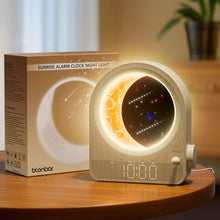 Load image into Gallery viewer, blonbar Sunrise Alarm Clocks for Bedrooms, Stepless Dimmable Moon Lamp Dual Alarm Clock Wake Up Light with 12Levels Volume for Heavy Sleepers, 10 Natural Sounds with Timer, Gifts for Women