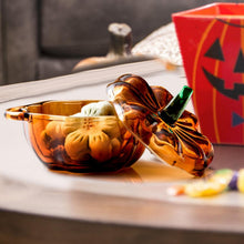 Load image into Gallery viewer, AFXGUSD Glass Candy Dish with Lid, Halloween Pumpkin Shaped Bowl, Food Storage Canister for Dried Fruit Snack, Decorative Candy Jar for Halloween Thanksgiving Fall Harvest Party, Orange