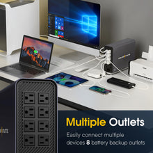 Load image into Gallery viewer, GOLDENMATE 1000VA/600W Lithium UPS Battery Backup & Surge Protector, Backup Battery Power Supply with LiFePO4 Batteries(153.6 Wh), Sinewave UPS System, 10 Years Lifespan, 8 Outlets, LCD Display, Gray