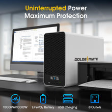 Load image into Gallery viewer, GOLDENMATE 1500VA/1000W Lithium UPS Battery Backup and Surge Protector, Backup Battery Power Supply with LiFePO4 Batteries(296Wh), AVR, Line Interactive Sinewave UPS System, 8 Outlets, LCD Display