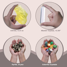 Load image into Gallery viewer, Oletiacisi 38 Pcs Crystals and Healing Stones. 65 oz Healing Crystal Set for Meditation, Crystal Collection, Decor. Oletiacisi Crystal Abundance Set. Sacred Geometric mat Help Setup a Crystal Grid