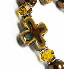 Load image into Gallery viewer, Linpeng Women Porcelain Cross Pearl & Crystal Beads Stretch Bracelet, Gloden Brown