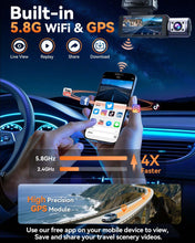 Load image into Gallery viewer, 4K Dash Cam Front and Rear, Full HD 3 Channel Dashcam, Free 128GB Memory Card, Built-in 5.8GHz WiFi Built-in GPS, Collision Sensor, Night Vision, 3.16" IPS, 24H Parking Mode(Black)
