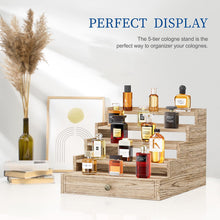 Load image into Gallery viewer, D.S.Exthefic 5 Tier Cologne Organizer for Men, Wooden Cologne Stand Holder Display Shelf with Drawer Storage, Large Capacity Cologne Rack Perfume Organizer for Man