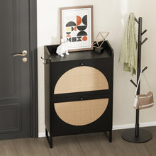 Load image into Gallery viewer, KFO Shoe Cabinet with 2 Handmade Natural Rattan Flip Drawers, Entryway Shoe Rack Storage Organizer for Sneakers, Slippers, Free Standing Shoe Racks, Black……