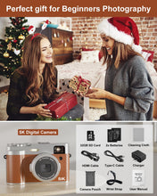 Load image into Gallery viewer, 5K Digital Camera for Photography and Video, 48MP Dual Camera Autofocus Vlogging Camera for YouTube with Viewfinder,16X Digital Zoom, Anti Shake, Compact Travel Camera with 32GB SD Card 2 Batteries