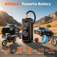 Load image into Gallery viewer, OlarHike Tire Inflator Portable Air Compressor, Lightning-Fast Inflation, Dual Power - 6000mAh & 12V DC, Cordless Air Pump for Car Tires, Bikes, Motorcycle, Balls with LED & Digital Pressure Gauge