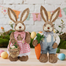 Load image into Gallery viewer, DR.DUDU Set of 2 Easter Decorations for Home- 14" Sisal Bunny Figurines with Carrot & Egg, Spring Straw Bunny Couple Farmhouse Centerpieces for Tables, Easter Rabbits Decor