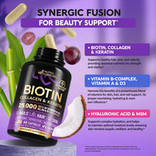 Load image into Gallery viewer, Biotin | Collagen | Hyaluronic Acid | Keratin - Support Normal Hair Growth Cycle, Skin & Nails - Clinically Tested - 25000mcg Vitamins B1, B2, B3, B6 & B7 - for Women & Men - Made in USA | 60 Capsules