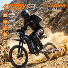 Load image into Gallery viewer, HAPPYRUN G18pro Electric Dirt Bike for Adults – 4500W Peak Motor, 60V 35Ah Battery, 38 mph Top Speed, 75 Mile Range, 5-Level Speed Control, Full Suspension, Hydraulic Brakes, 19″/17″ Off-Road Tires