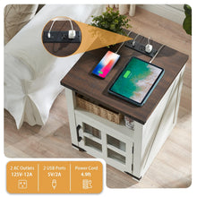 Load image into Gallery viewer, Barnyatoh Farmhouse Nightstand with Charging Station, Rustic End Table with Tempered Glass Barn Door, Wood Sofa Side Bedside Table with Open Storage Shelf for Living Room, Bedroom, White